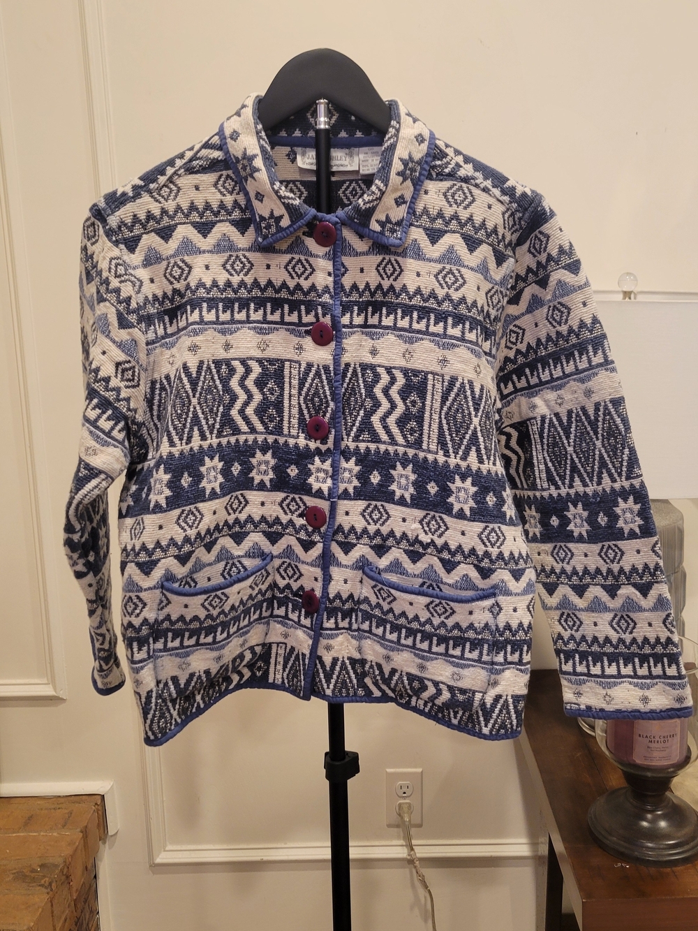 Vintage Jane Ashley Navy and White Patterned Teddy Jacket